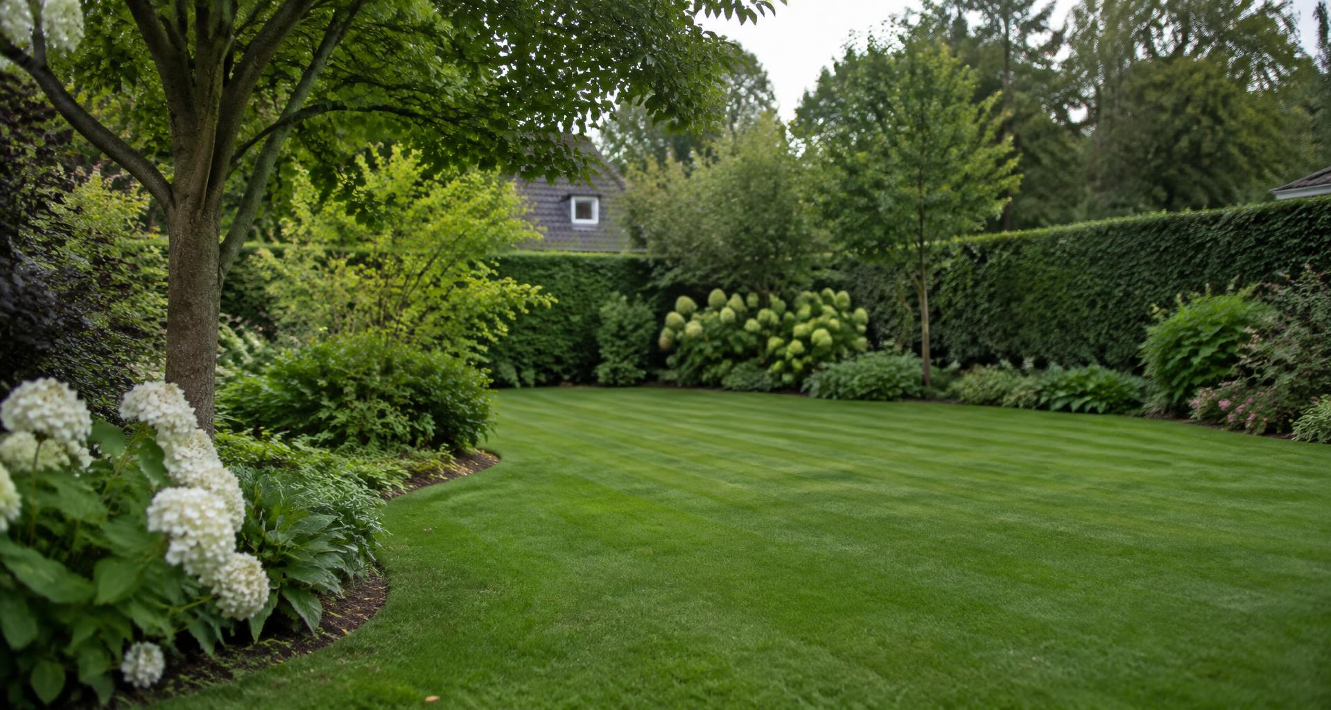 Gepflegter Garten mit frisch gemähtem Rasen und geschnittener Hecke in Einbeck